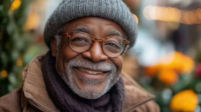 Smiling Senior in Autumn: A captivating portrait of a happy and dignified senior man in a knitted hat and spectacles, basking in the gentle glow of an autumn day.