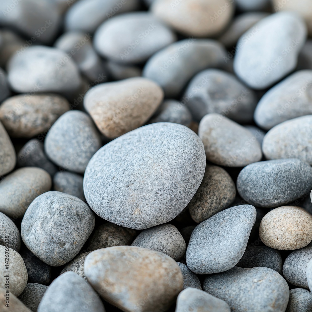 Poster a close-up view of smooth, rounded river stones in various shades of gray, creating a natural and ca