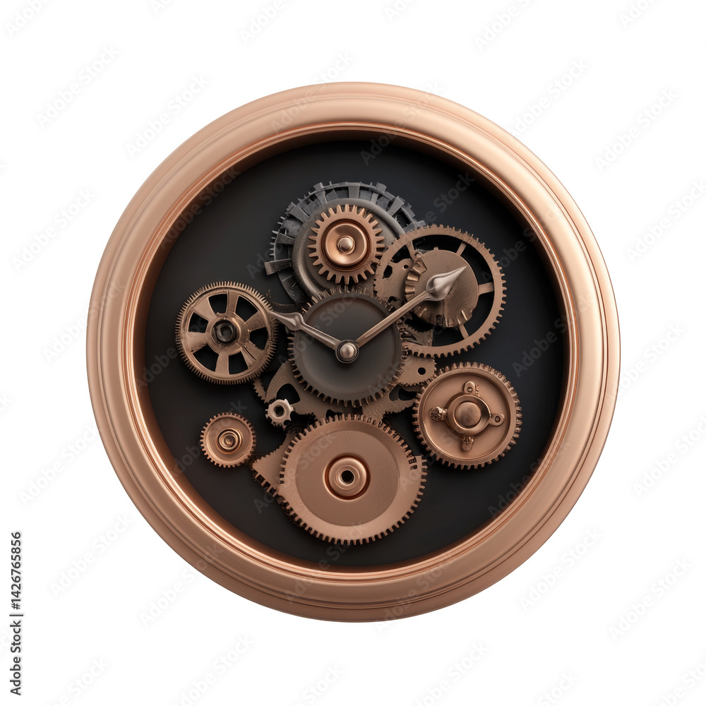 Poster elegant bronze clock with exposed gears and minimalistic design elements in circular frame