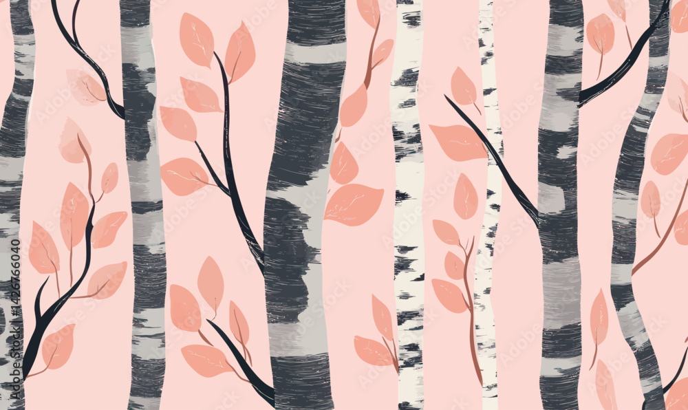 Poster minimalist birch tree seamless pattern, forest nature vector background design