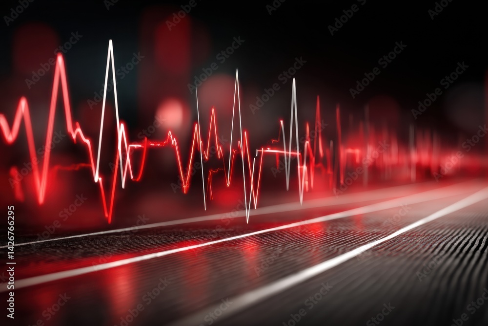 Poster heartbeat line transforms into a running track representing fitness and health in a dynamic visual c