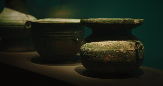 Chengdu, Sichuan, China. Bronze Kettle. Ancient Bronze Kitchen Utensils. Chinese Copperware. Museum Of Three Kingdoms Period. Wuhou Memorial Temple