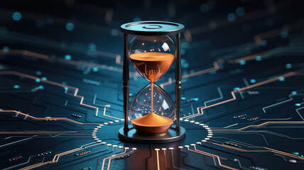 Digital Era of Time: An elegant hourglass resting on a motherboard, embodying the rapid passage of time in our technology-driven world.