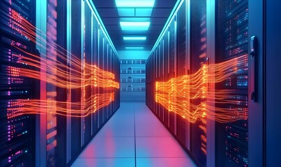 Data Center Infrastructure: A futuristic depiction of a data center's interior, where servers and cables pulse with vibrant light and energy, representing the lifeblood of the digital world.