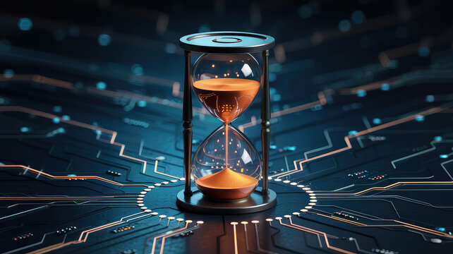 Digital Era of Time: An elegant hourglass resting on a motherboard, embodying the rapid passage of time in our technology-driven world.