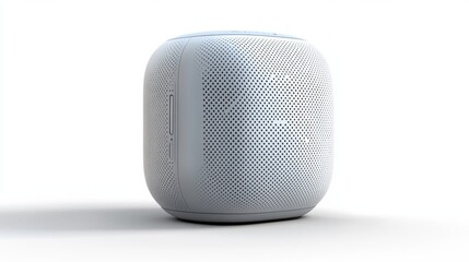 Obraz premium A smart home speaker with built-in voice assistant isolated on a pure white background, realistic lighting and shadow, ideal for cut-out and compositing