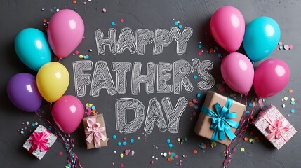 A fun and playful Father's Day celebration with a chalkboard-style "Happy Father's Day" message surrounded by colorful balloons, confetti, and gifts, perfect for a vibrant family event or  