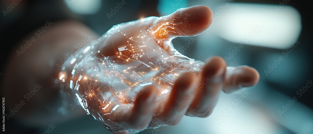 Aufkleber futuristic digital of a person's skin augmented with embedded microchips and circuits, representing 