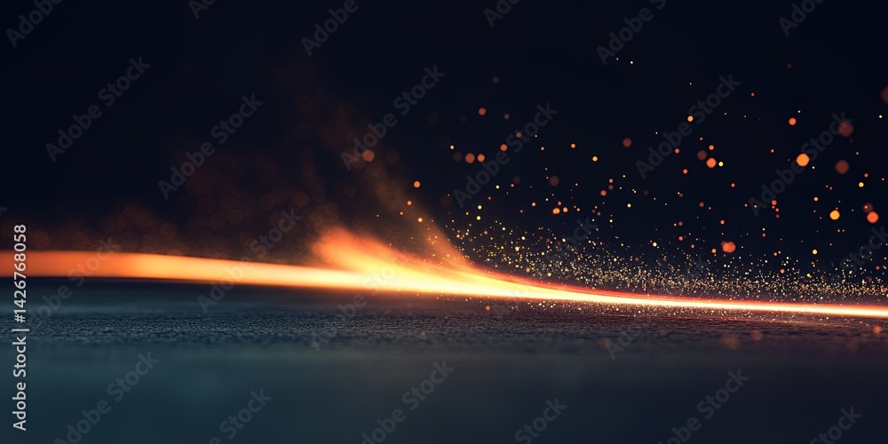 Poster glowing orange light trail across dark background with sparkling particles abstract light effect per