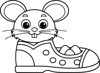 Line art mouse inside shoe filled with eggs in outline drawing on white background