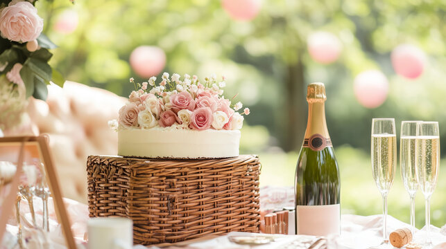 Elegant outdoor celebration features floral cake and champagne in a lush garden setting during a sunny afternoon