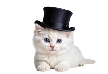 Cute little white kitten sitting in a millstone cylinder isolated on a white background.