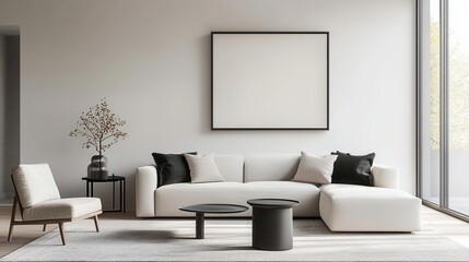 Minimalist luxury lounge with neutral tones, designer furniture, and highend contemporary artwork, refined living space