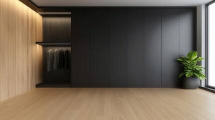 Highend minimalist walkin wardrobe with custom shelving, builtin lighting, and a modern monochrome aesthetic
