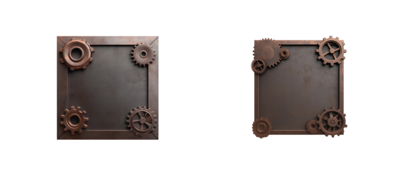 Metallic square frames adorned with various vintage gear shapes for decoration