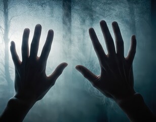 Silhouetted Hands Reaching Out from a Misty, Dark Forest A Cryptic Image