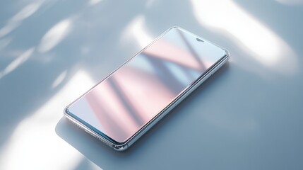 A smartphone with a glass back design reflecting light isolated on a pure white background, realistic lighting and shadow, ideal for cut-out and compositing