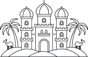 Obraz premium Outline of Desert Palace with Camels and Palm Trees on White Background