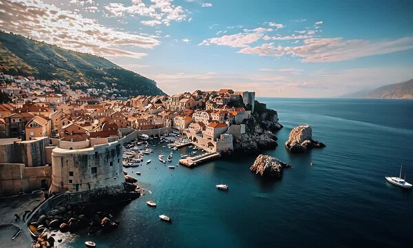 Old coastal city with bright terracotta roofs nestled by the clear, calm sea. Mountain backdrop