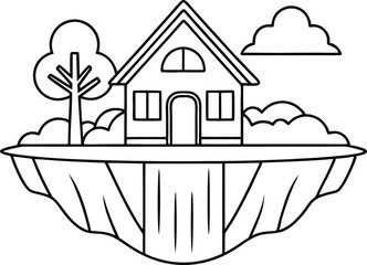 Naklejka premium House with Tree on Ground Cliff, Outlined Cloud, Black and White
