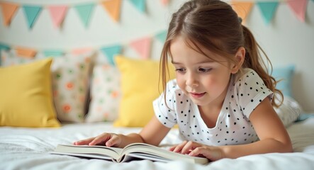 A Young girl reading a book at home