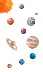 Watercolor Solar system planets on white background. Hand drawn illustration of Sun, Moon,Mercury, Venus, Mars, Earth, Jupiter, Saturn, Neptune, Uranus, Pluto.