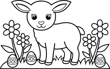 Cartoon Lamb with Daisy Flowers and Easter Eggs on a White Background