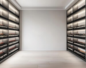 Luxury wine cellar with minimalist design, glass shelving, ambient lighting, and an exclusive selection of fine wines