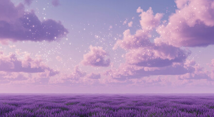 Obraz premium Serene Lavender Field at Sunset with Magical Sparkling Sky