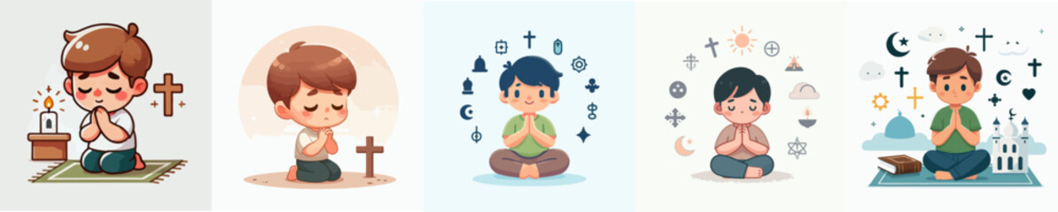 set vector christian kids praying