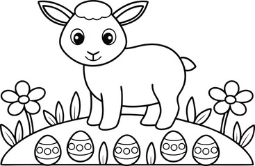 Cartoon Lamb with Eggs and Flowers Outline on Hill, Simple Black and White Clipart