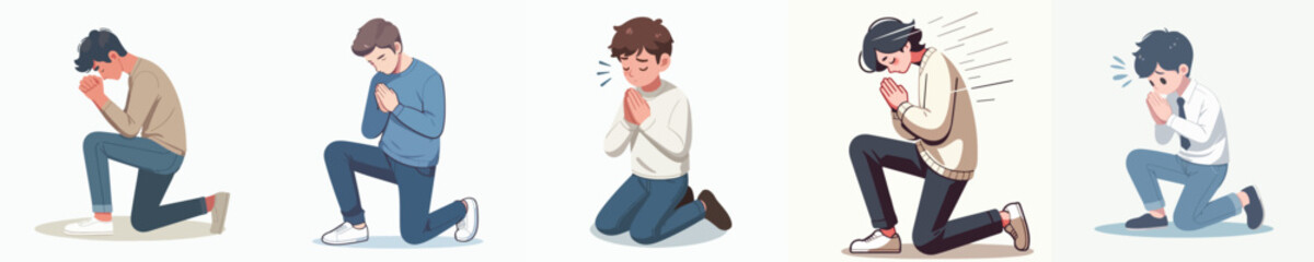 vector set of young men kneeling begging