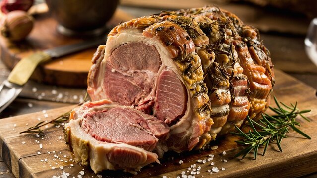Extreme close-up of arista di maiale, the Tuscan pork roast with a crispy herb crust and tender, juicy center.