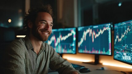 Stock Trader's Night Vision: A focused stock trader, illuminated by the soft glow of computer monitors displaying real-time market data, his face reflecting the intensity and satisfaction of his work