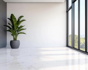 Expansive openplan loft with minimalist luxury furnishings, marble flooring, and large glass windows, modern elegance