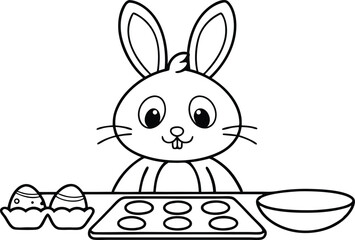 Outline Drawing of a Cooking Bunny with Eggs and Cookies on a White Background