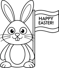 Line Art Easter Bunny Standing Next to a Sign that Reads Happy Easter with Long Ears