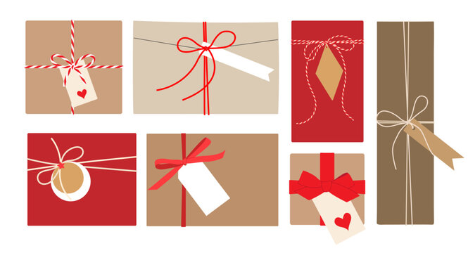 Gift box, present, packaging, envelope with bow, ribbon, rope with kraft paper tag. Set different sizes in flat style isolated on white background for birthday, New Year, Christmas. Vector EPS10