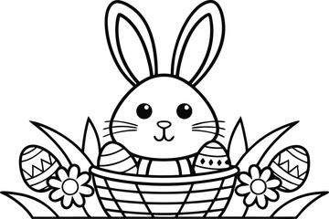 Cartoon Rabbit in Basket with Eggs Outline on White Background, Easter Bunny Design