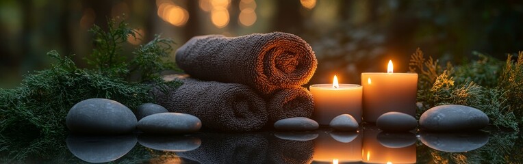 Spa wellness setting with towel, candles, and stacked stones for a calming and peaceful atmosphere