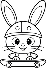 Outlined Hare with Helmet Riding Skateboard, Cartoon Rabbit, Isolated on White