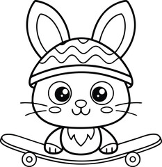 Cartoon Rabbit Outlined on Skateboard Wearing Wavy Hat Design on Transparent Background