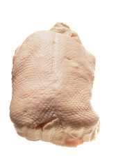 Uncooked fresh duck on a metal stainless steel tray. Fine, high quality poultry product on white background.