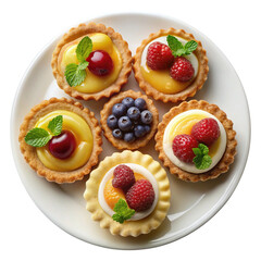 Delicious Assortment of Fruit Tarts on a White Plate, Perfect for Dessert
