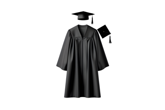 Graduation gown and cap academic apparel for university or college ceremony achievement and success on transparent background