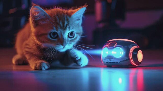 Curious Kitten & Technological Companion: An endearing kitten gazes at a small technological device, its curiosity piqued by the advanced technology.
