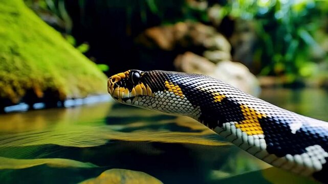 Stunning Close-Up of a Yellow-Bellied Python in Aquatic Habitat