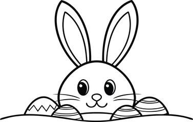 Line Art Easter Bunny with Decorated Eggs Outlined on White Background
