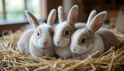 "A group of bunnies cuddled together in a nest of hay, their fur soft and warm."

