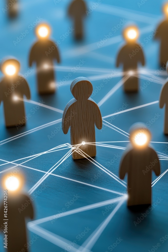 Poster global network connection: interconnected wooden figures representing a worldwide communication syst